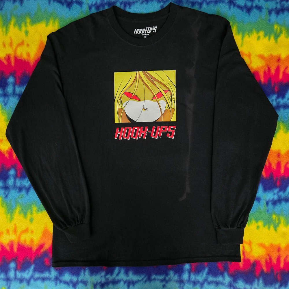 Official Hook-Ups Skateboards Red Eyes Graphic Long Sleeve Shirt Black Large